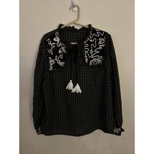 SHEIN Boho Peasant Tie Neck Blouse Grey Black Checked Tassle Embroidered 4XL